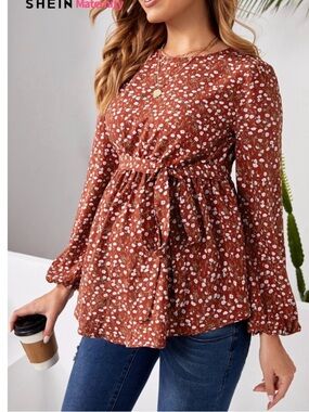 SHEIN Rust Floral Tie-Waist Maternity Tunic